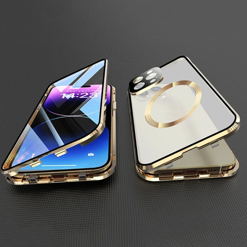 For Magsafe Case For iPhone 16 15 14 13 12 11 Pro Max Metal Magnetic Wireless Charging Lens Protection Double Sided Buckle Cover