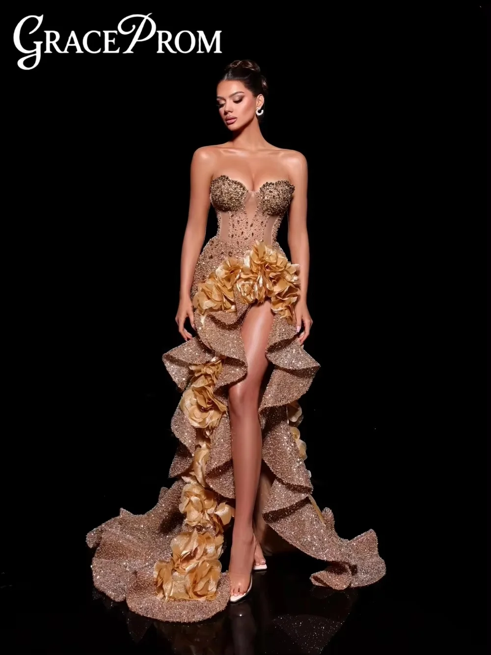 

Ruffled Luxury Crystal Mermaid Evening Dress Stunning 3D Flower Wedding Party Gown New Customized High Slit Banquet Party Gown