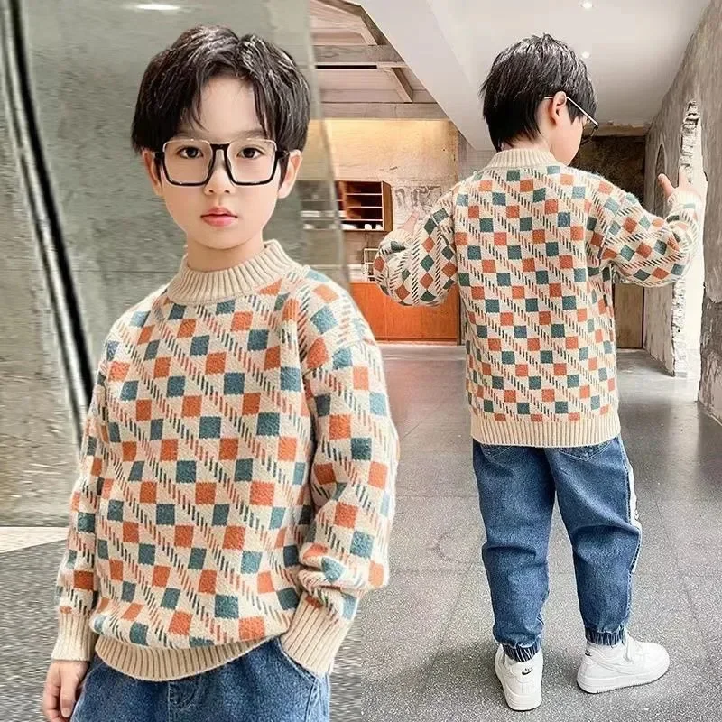 Boys Woolen Sweater Crochet Cotton Knitting Cheap Warm Thicken Velvet Winter Autumn Fall Children's Clothing E4496