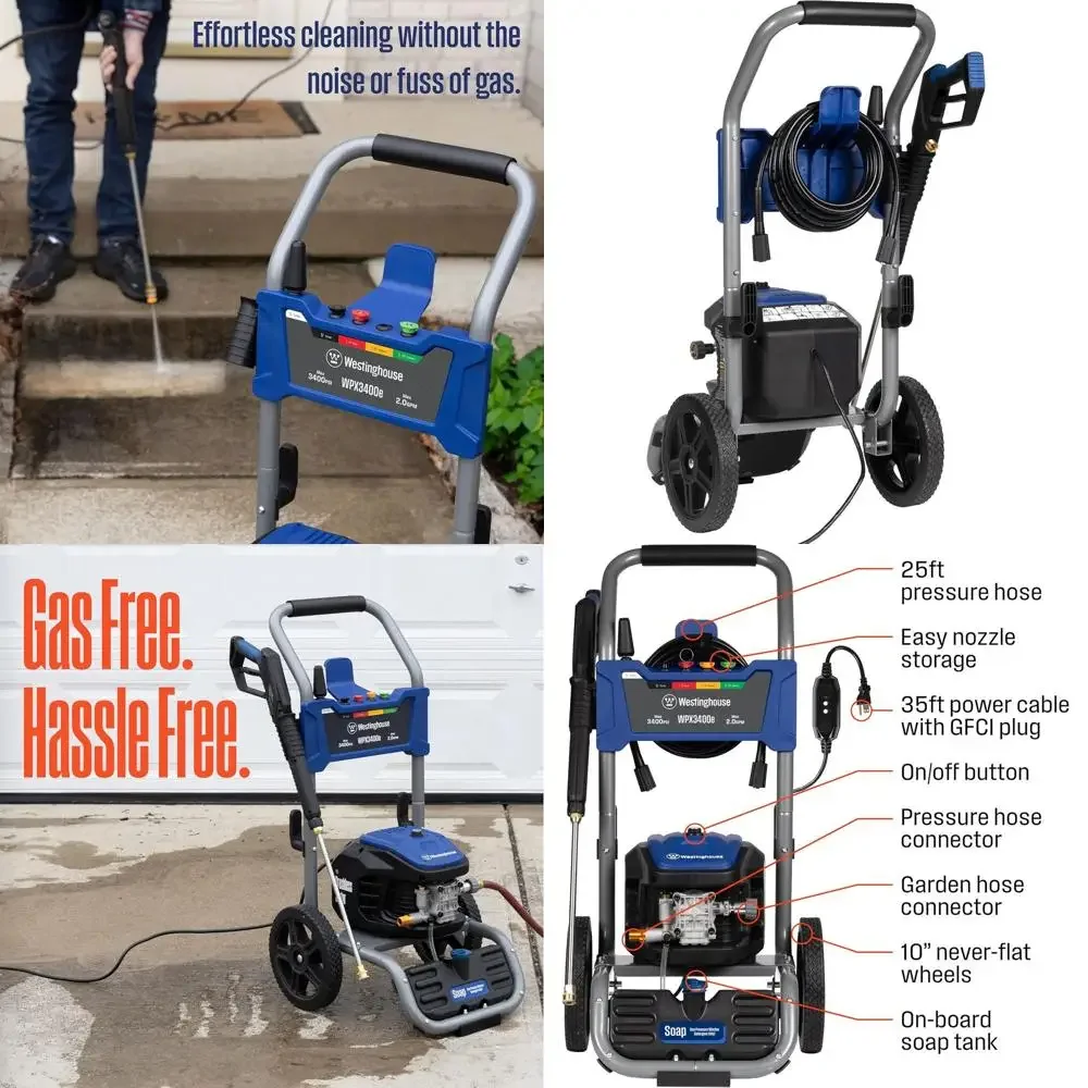 

Электрическая мойка высокого давления 3400 PSI с расходом 2,0 галлонов в минуту, баком для моющего средства, пистолетом-распылителем, насадкой-штангой и 5 насадками для чистки автомобилей, поверхностей и