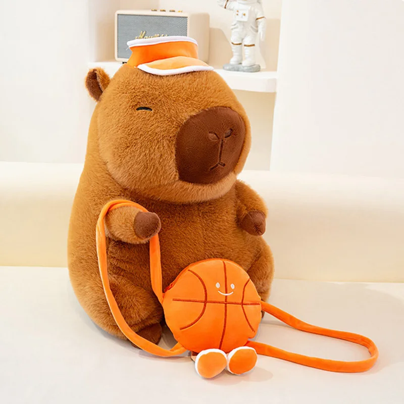 Juguete de peluche de capibara de 26cm con sombrero naranja, mochila de baloncesto, juguete de peluche de capibara de dibujos animados, muñeco esponjoso bonito, decoración del hogar, regalos para niños
