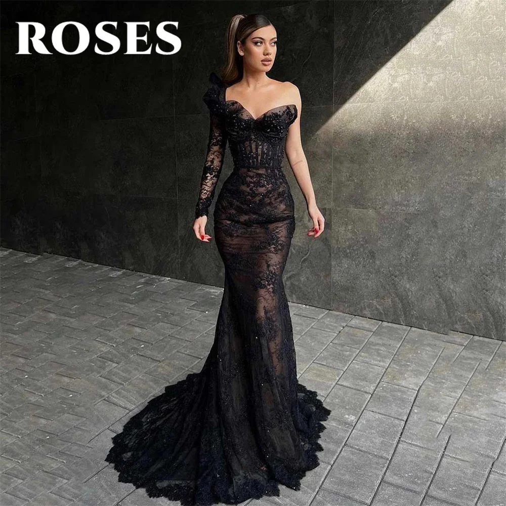 

ROSES Sexy Black Evening Dress One Shoulder Tulle Trumpet Long Lace Corset Prom Dress with Pleats Satin 프롬드레스 Beaded Party Dress