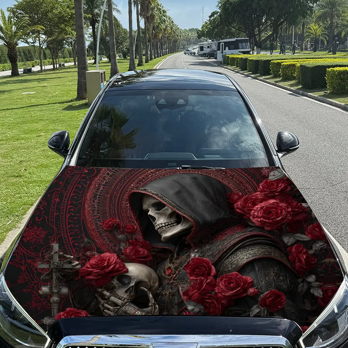 

Mysterious Skull, Cross and Red Roses Car Vinyl Wrap, PVC Material Waterproof Car Hood Sticker, Self-Adhesive Scratch-Resistant