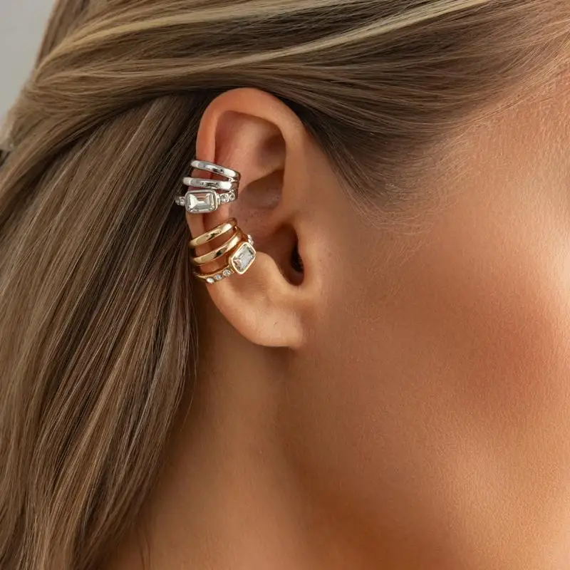 Multi-Layer C-shaped Ear Clip Silver Metal Triple Ring Clip Golded Irregular Shape No Piercing Earrings Cartilage Ear Cuffs