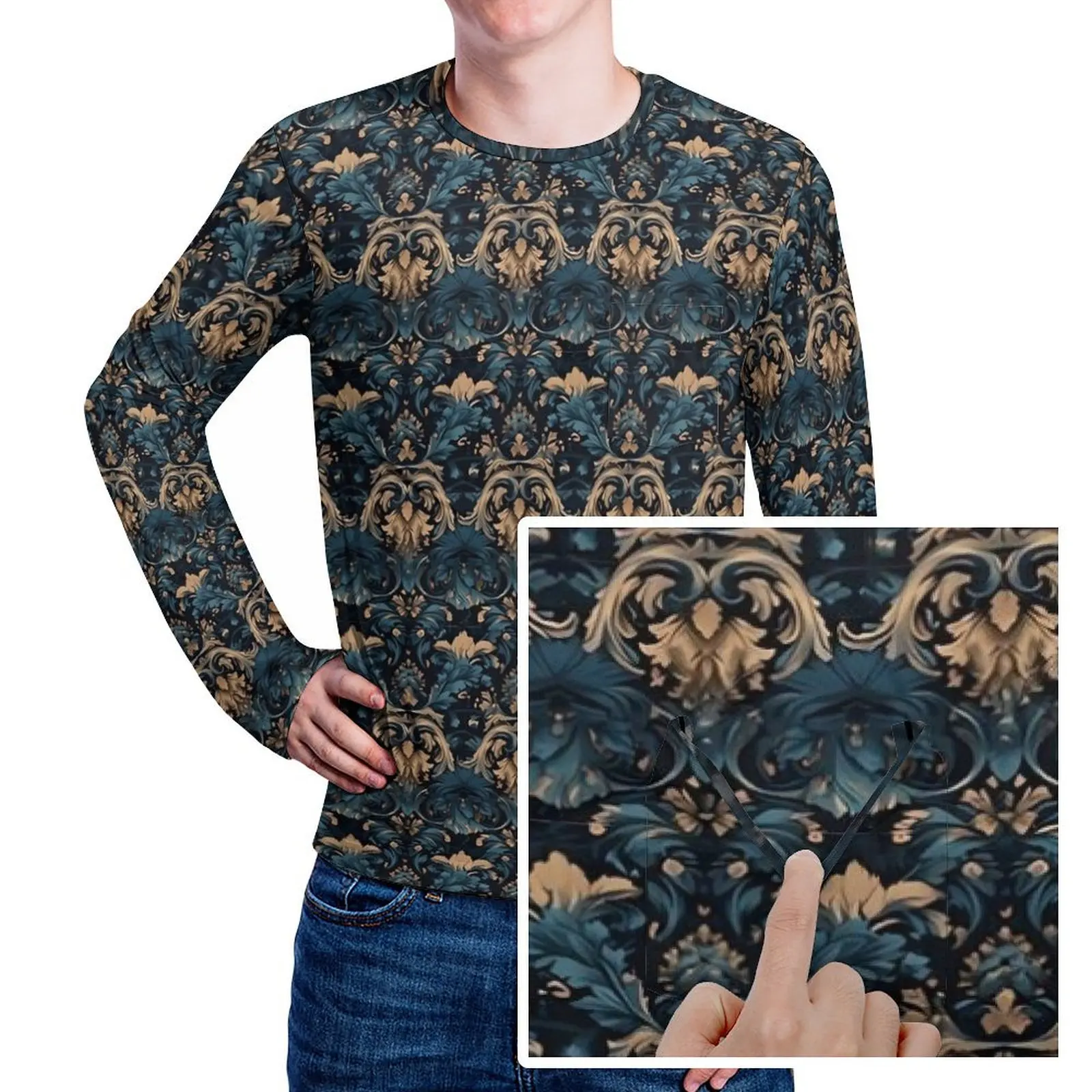 Baroque Print T Shirt With Pocket Retro Tribal Hippie T-Shirts Men Funny Tee Shirt Long Sleeve Custom Tees Large Size