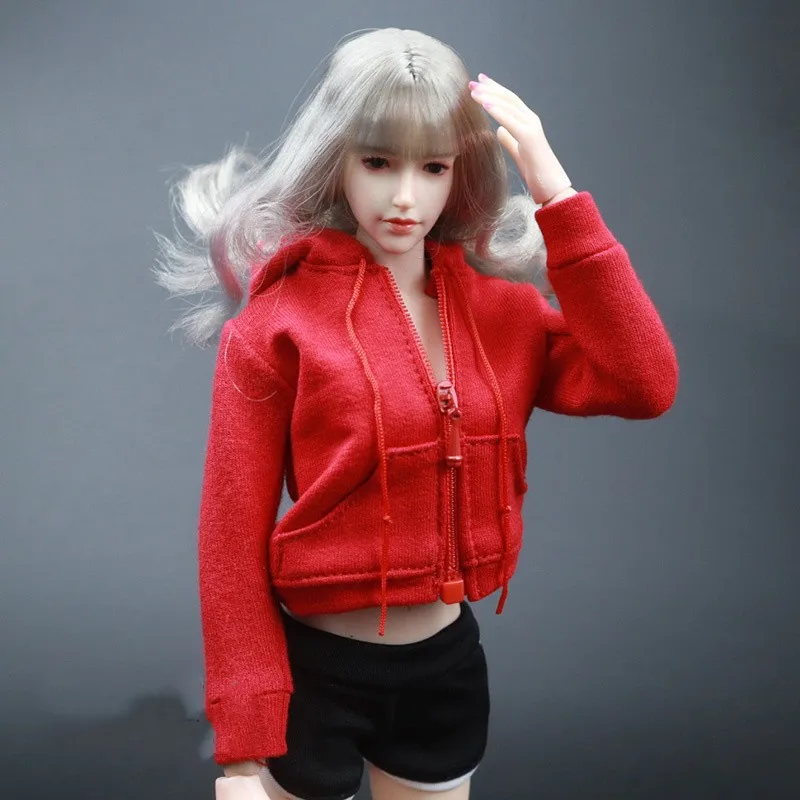 

1/6 Sports Series Red Zipper Hooded Sweater Women Sport Suit Top Coat For Female Soldiers 12 Inch Action Figure Body