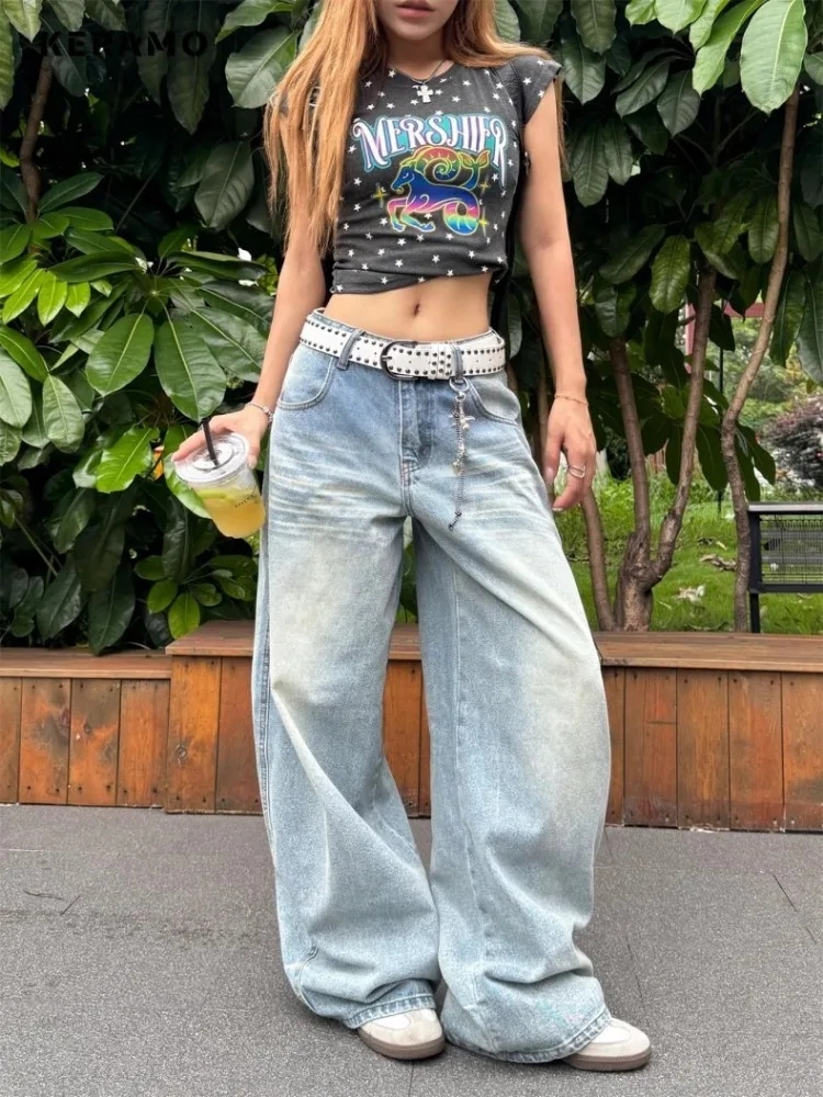 

Street Basics Y2K Baggy 2000s Pants Vintage Casual Light Blue Minimalist Denim Trouser Retro High Waist Solid Color Jeans
