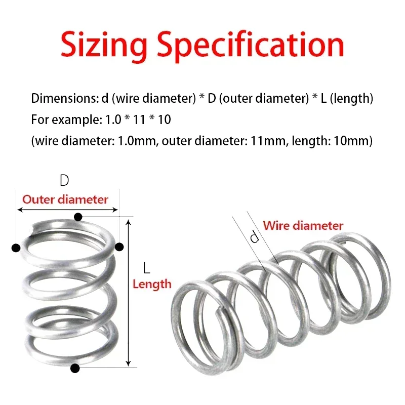 304 Stainless Steel Spiral Return Compression Spring, Wire Diameter: 2.0mm, Outer Diameter: 12-30mm, Length: 15-100mm, 10Pcs