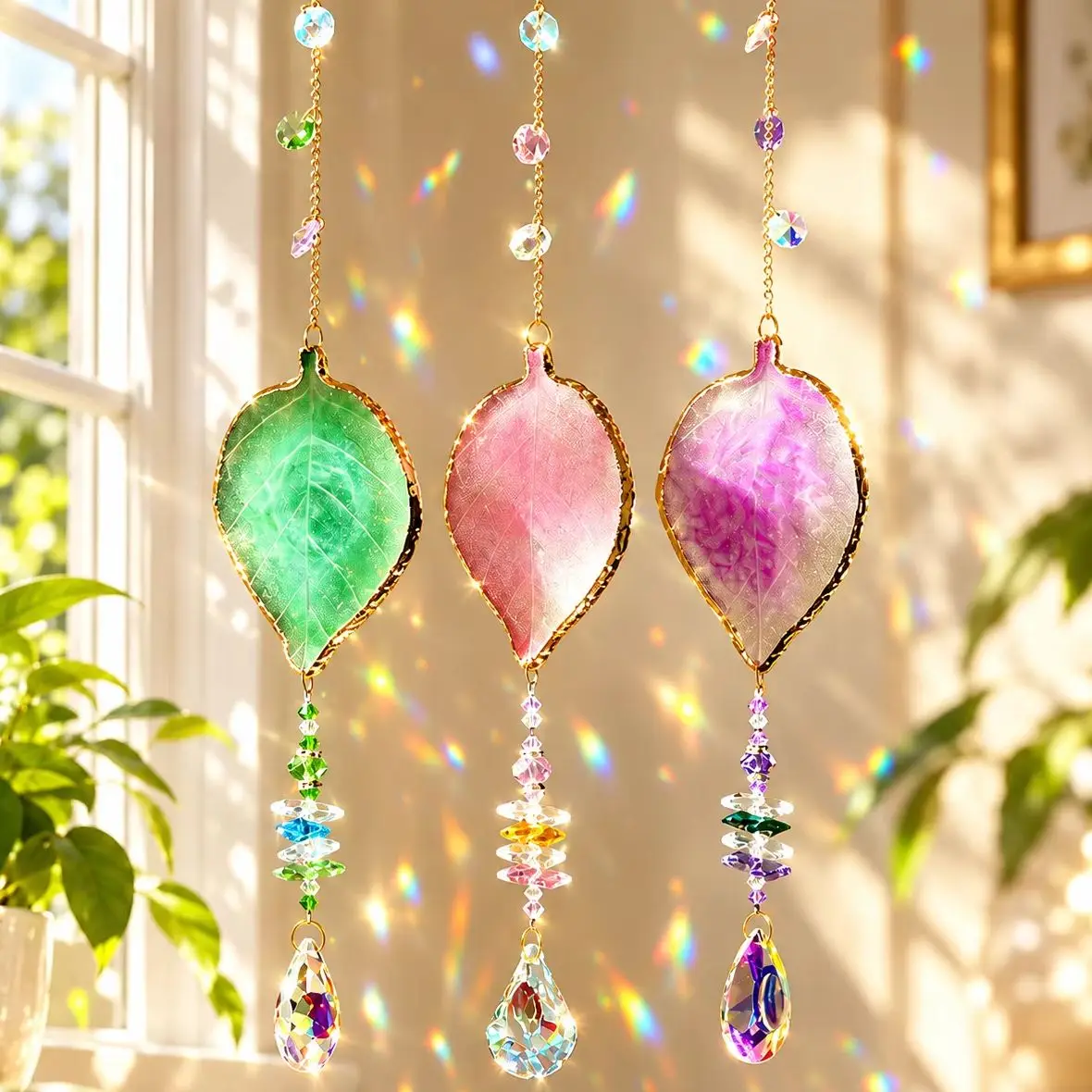 Natural Leaf Crystal Suncatcher, Colorful Beads Teardrop Prism Hanging Ornament, Window Rainbow Maker Boho Home Decor Gift