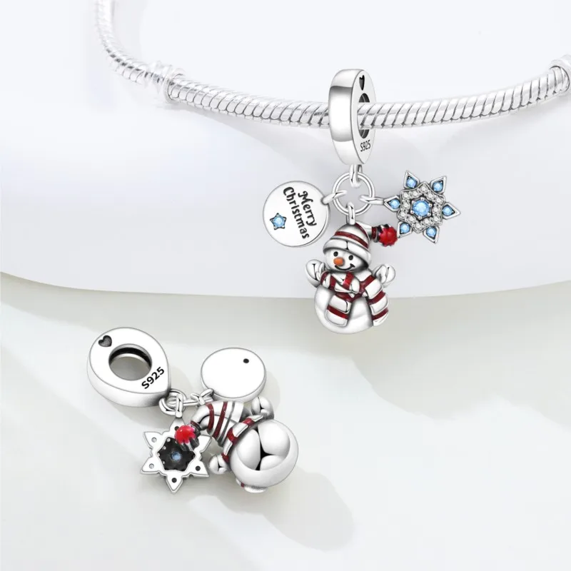 MISEFF 925 Sterling Silver Pendant Christmas Snowman Charms Beads Necklace Original Bracelets Jewelry Merry Christmas Gifts
