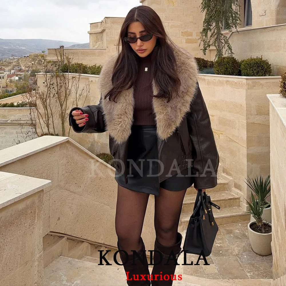 KONDALA الشارع الشهير الفراء طوق سترات من الجلد النساء جيوب طويلة الأكمام المتضخم معاطف موضة 2025 الخريف الشتاء أبلى