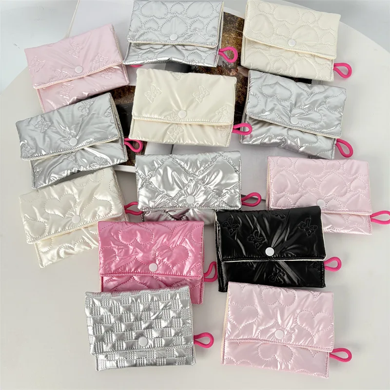 New Korean Ins Flip Coin Purse Small Wallet PU Shiny Embossed Makeup Bag Mini Purse Cute Handbag Sanitary Pad Bag Card Holder
