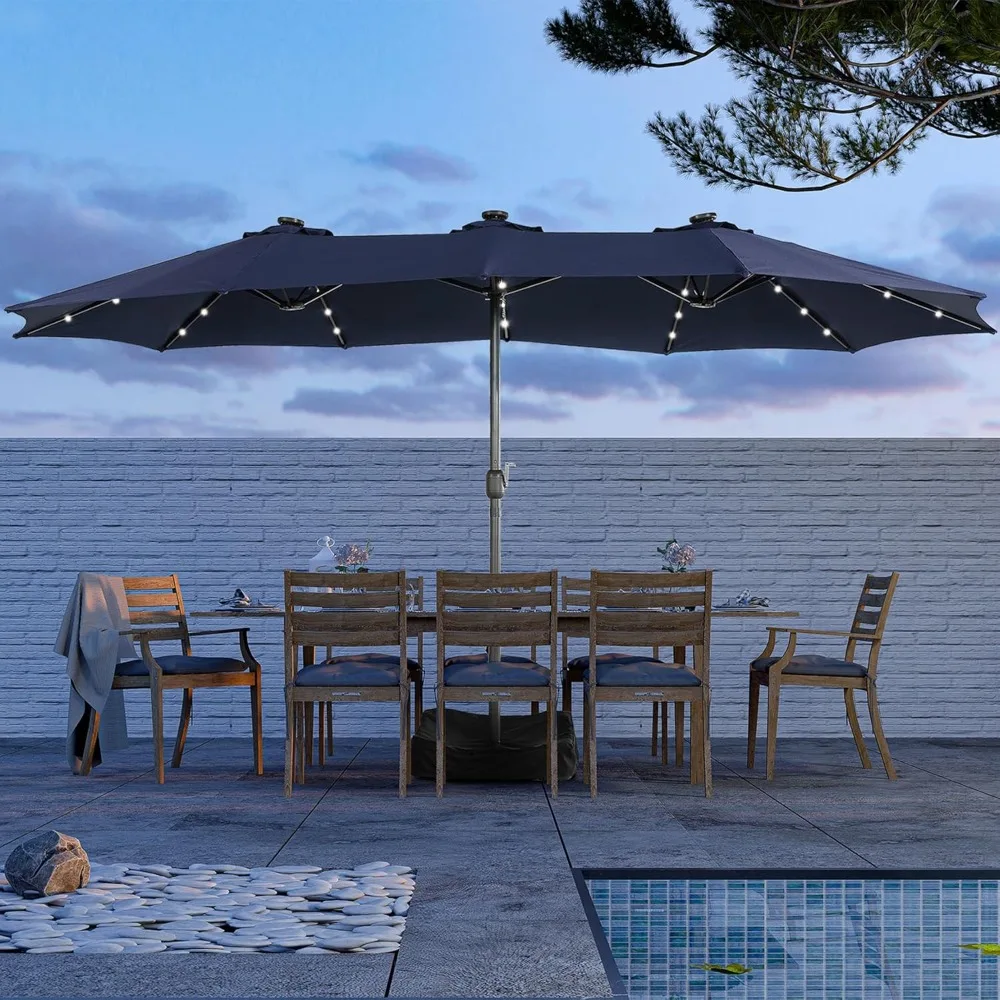 

15ft Patio Umbrella with Solar Lights(Base Included) Large Outdoor Double Sided Umbrella, 36 LEDs, 12 Ribs