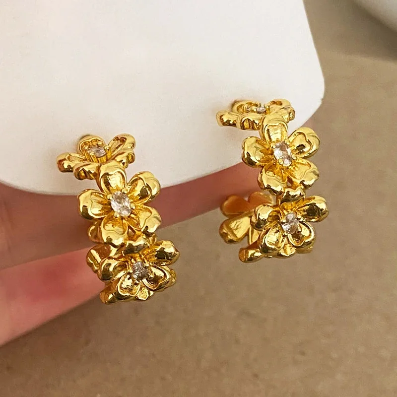 

Real 925 Sterling Silver 18K Gold Zircon Flower Stud Earrings for Women Light Luxury Fine Jewelry Cute Plant Accessories