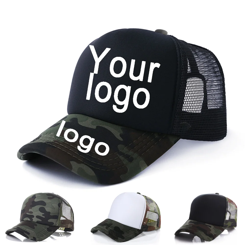 

10pcs/lot Custom Logo Camo Baseball Caps Cheap DIY Print Logo Snapbacks KPOP Hats Adult Summer Camouflage Mesh Hats