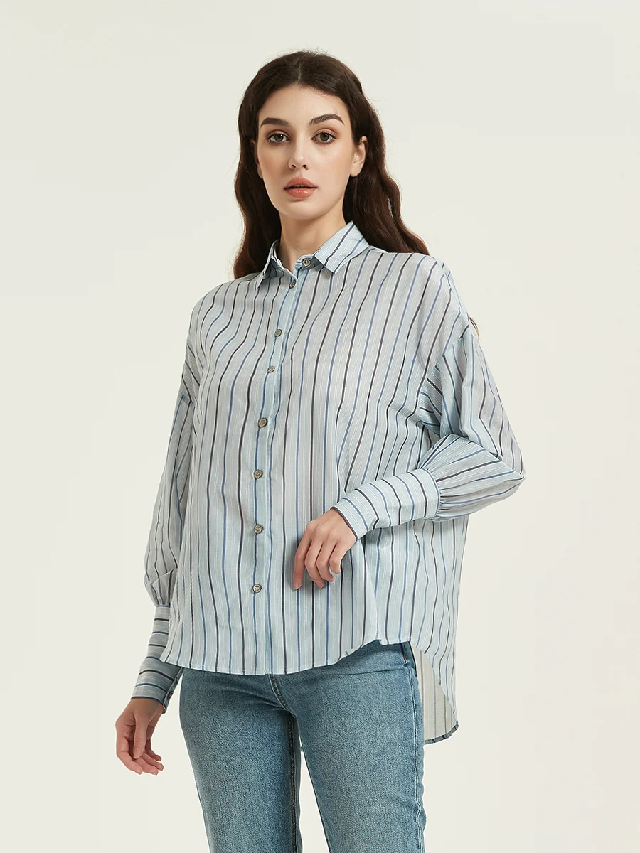 SuyaDream Women Striped Shirts Drop Sleeves Loose Chic Blouses 30%Silk 70%Cotton 2023 Spring Summer Printed Top Light Blue