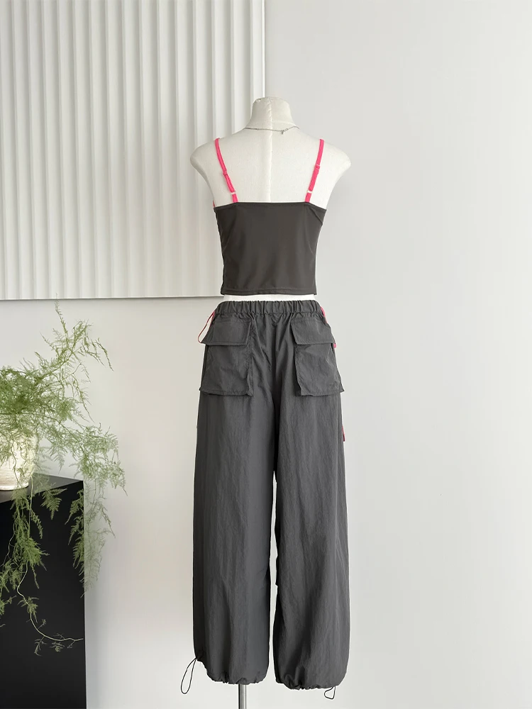 Pantalon de parachute vintage pour femme, ensemble deux pièces, haut court, Harajuku Y2k, gris, vêtements d'été des années 2000, 2024