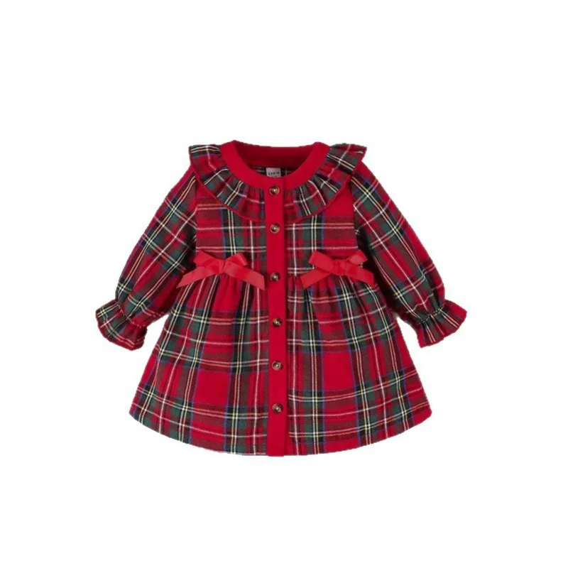 

2025Winter New Girls Dress Christmas Plaid Print Bow Skirt with Hat