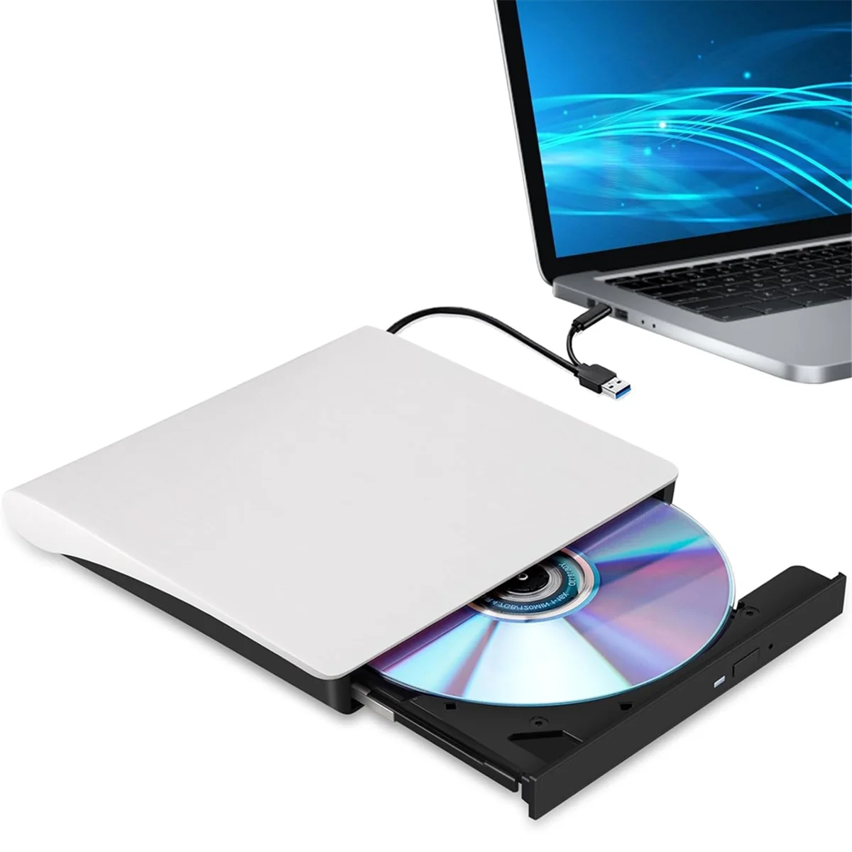 External CD DVD +/-RW Drive, USB 3.0 & USB-C Portable CD & DVD ROM Burner Player Reader Writer Rewriter Disc Drive,White