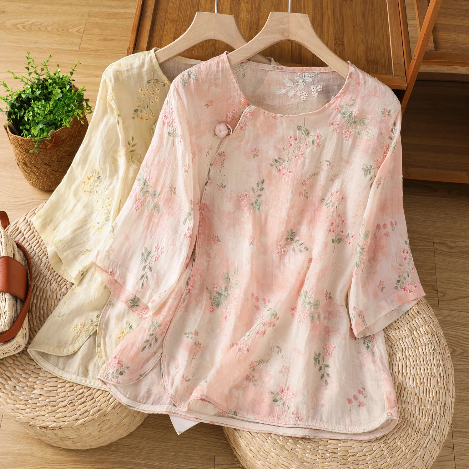 

Retro Linen ort Sve irt Women's New Chinese Sle Diagonal Collar Top Summer 2025 Faionable Versatile Loose Fit irt