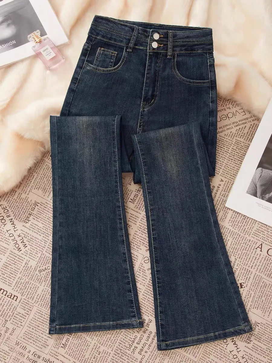 

High Waist Slim Fit Micro Flared Jeans Women's Cement Grey Summer New Style Button Detail Ankle Length Denim Pants
