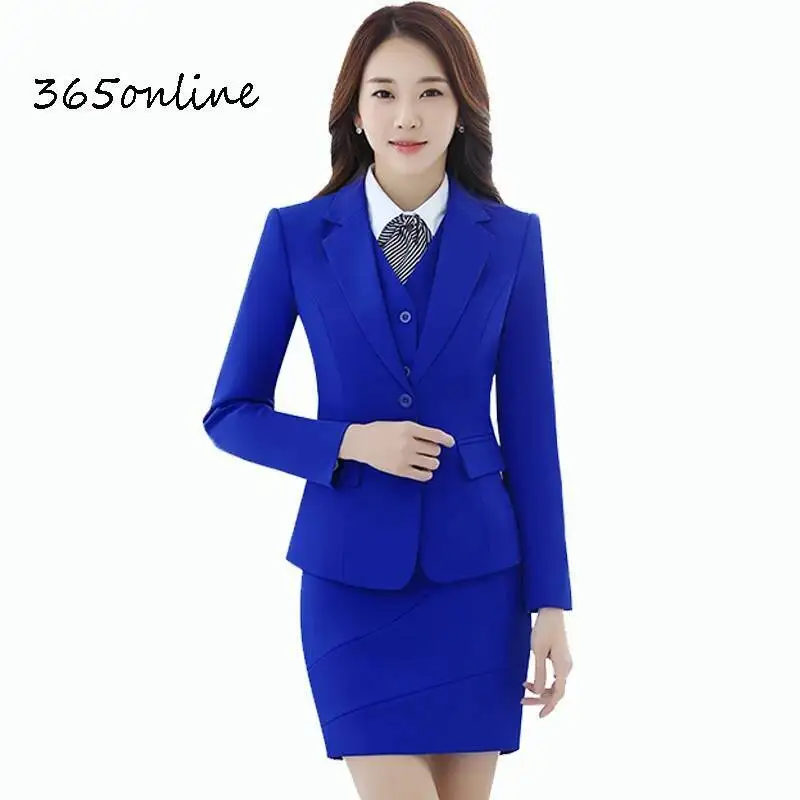 

Women Business Suits Fashion Blue Ladies Blazers Jackets Sets with skirt and Blazer Coat Uniform Designs Styles Office Outfits