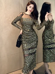 Celebrtiy Vintage Evening Dress Women's Fashion Style Exquisite Bright Shiny Sequin Sheer Mesh Bodycon Robe Party Prom Vestidos