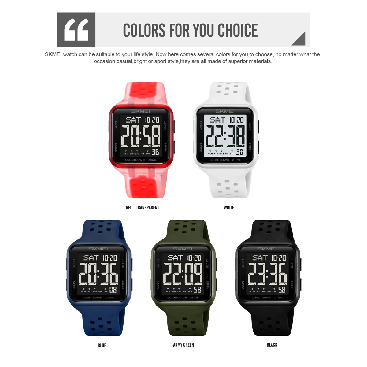 SKMEI 2440 Mens Fashion Digital Watch TPU Silicone Rubber Countdown Stopwatch Wristwatch Electronic Movement Clock