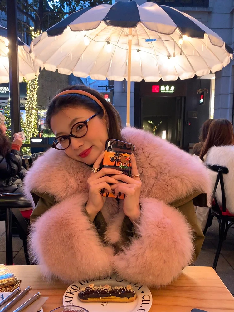 Women's True  Fur Jaet Winter Warm Waist-Cinching Hooded Coat Korean Sle Straight Cut Thiened Cotton Du down Filling