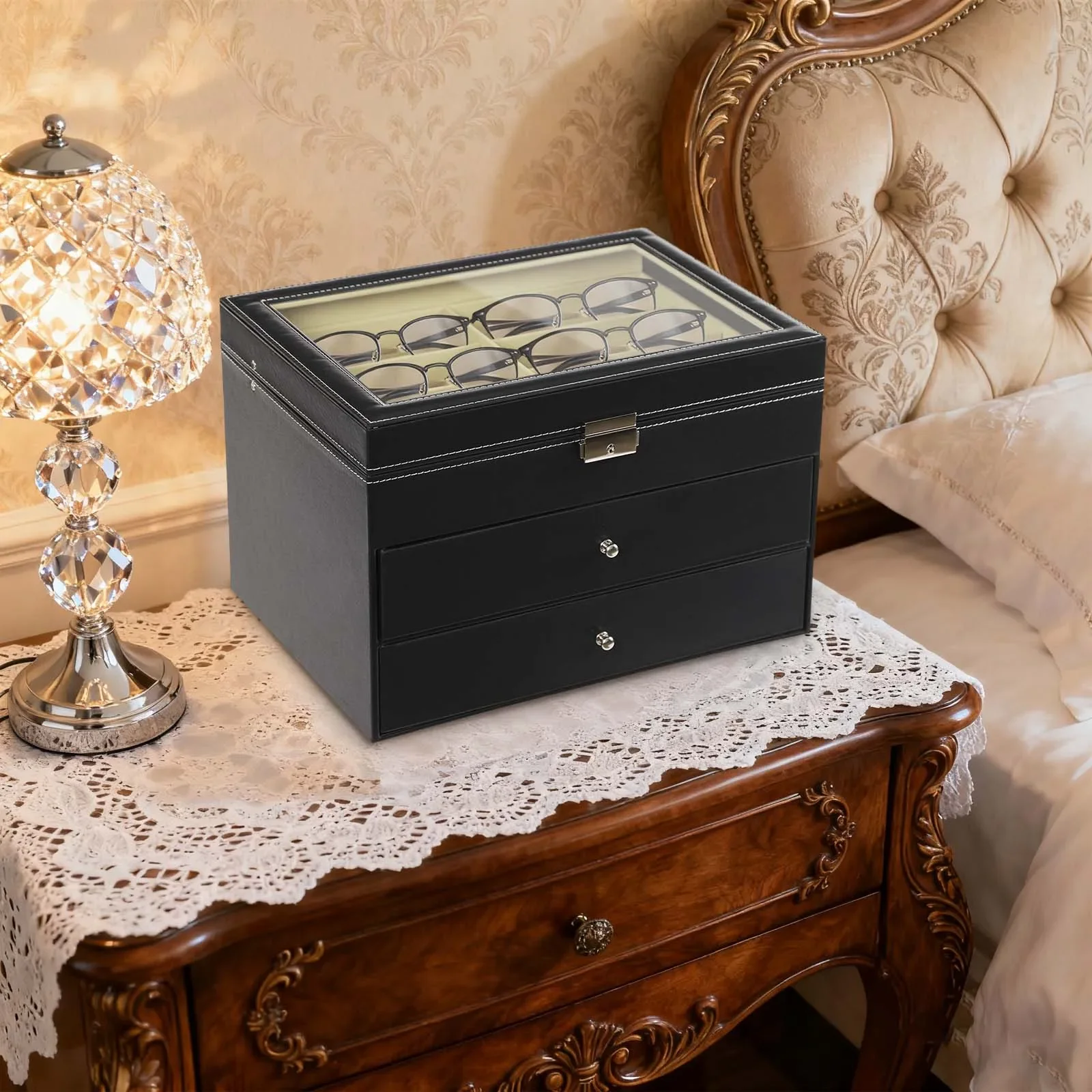 サングラス収納ウォッチ、24個のメガネ収納メガネボックスメガネケース、ガラスディスプレイウィンドウ付き、ジュエリー積み重ね可能な収納ボックス