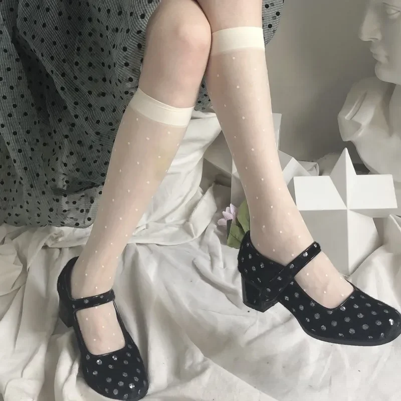 البولكا نقطة طباعة الجوارب الطويلة الملابس الداخلية مثير شبكة صيد السمك عالية الركبة جورب المرأة الصيف النايلون رقيقة شفافة لوليتا جوارب Kawaii