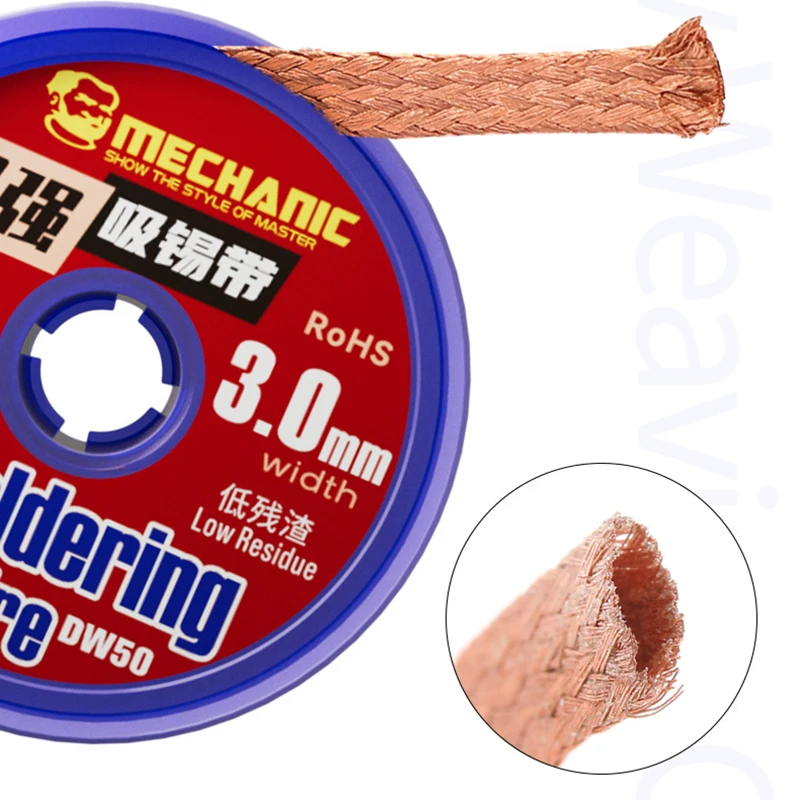 Piezas mecánico DW50 de 1,5 m de longitud, cable trenzado de cobre desoldador, mecha de soldadura, removedor de soldadura para Chip PCB, reparación de placa de circuito