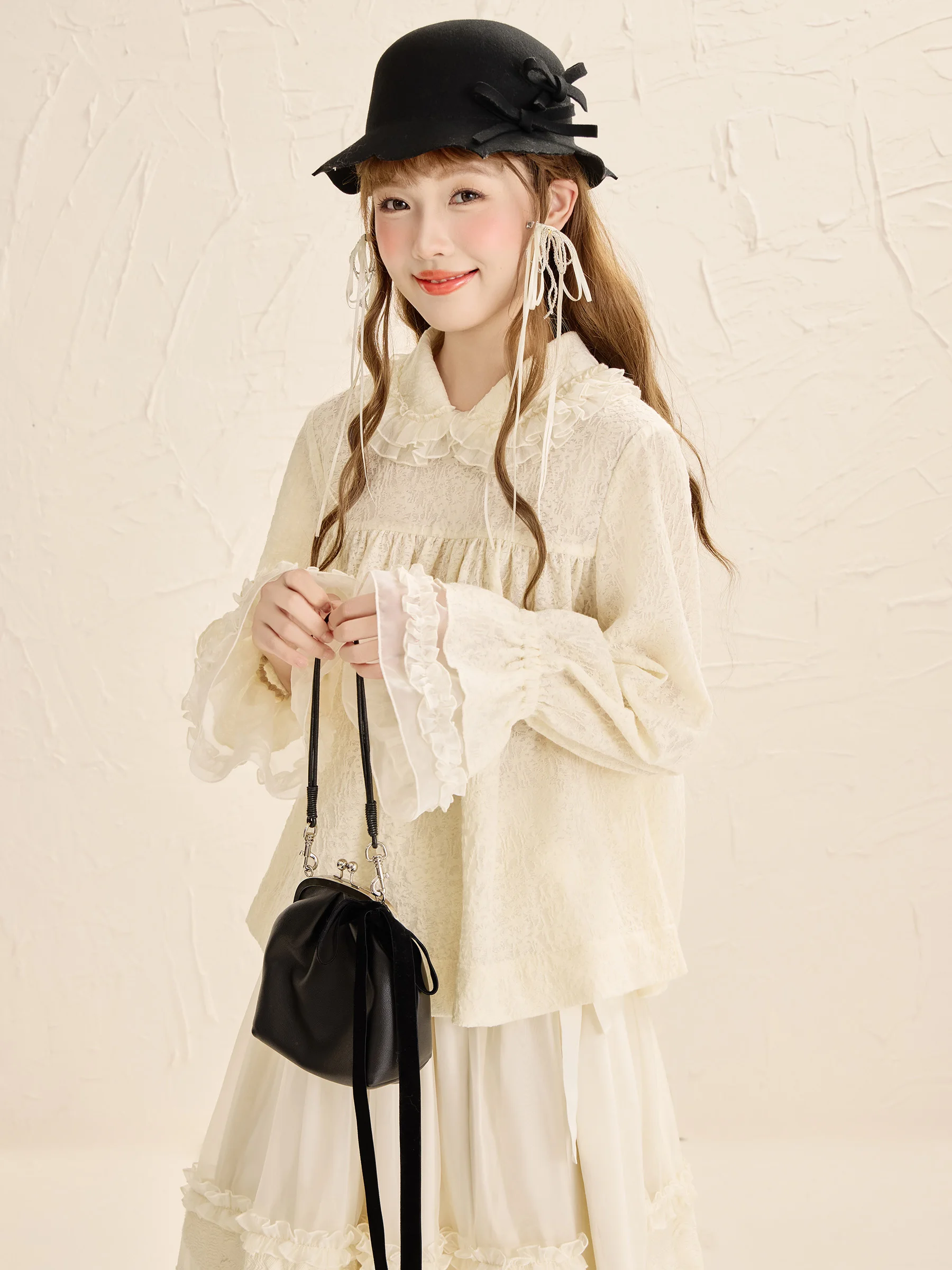 

Artsy Vintage Lace irt Long Sve Ruffle Design Cotton Blend Straight Cut Women's Faion Spring Autumn Seasonal Wear