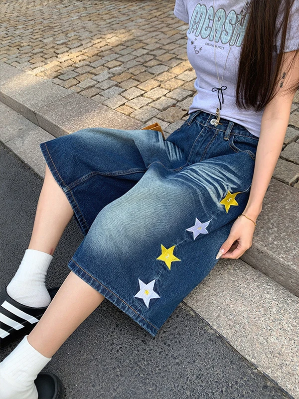 

Retro Star Print Loose Fit Summer Thin Denim Jeans Women's High Waist Wide Leg Pants Casual Commute Style Deep Light Colors