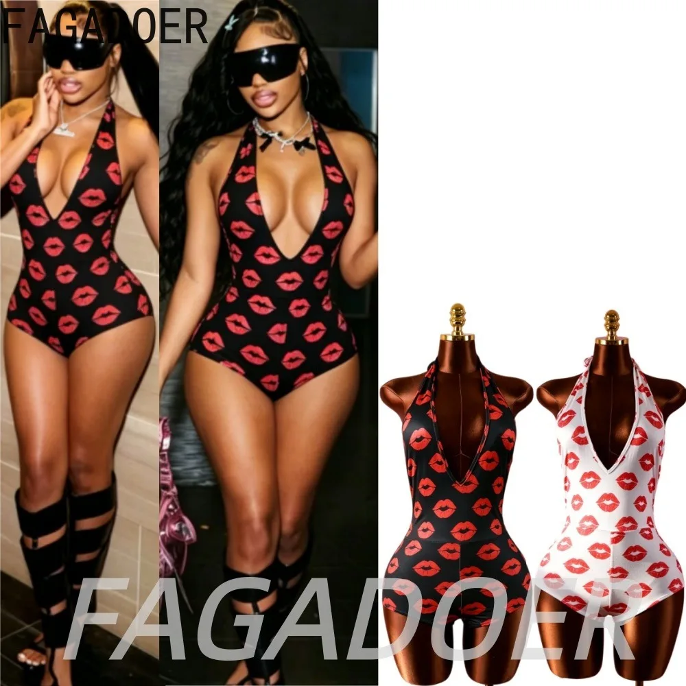 

FAGADOER Fashion Lip Print Bodycon Rompers 2026 Sexy Deep V Bandage Halter Backless Jumpsuits Women's Streetwear Club Playsuits