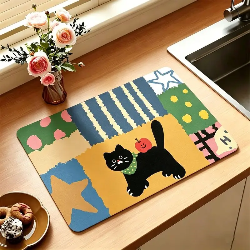 VIKAMA Cute Cat Themed Dish Rack Mat Patchwork Style Absorbent Quick Dry Mat Non Slip Kitchen Countertop Drain Home Decor