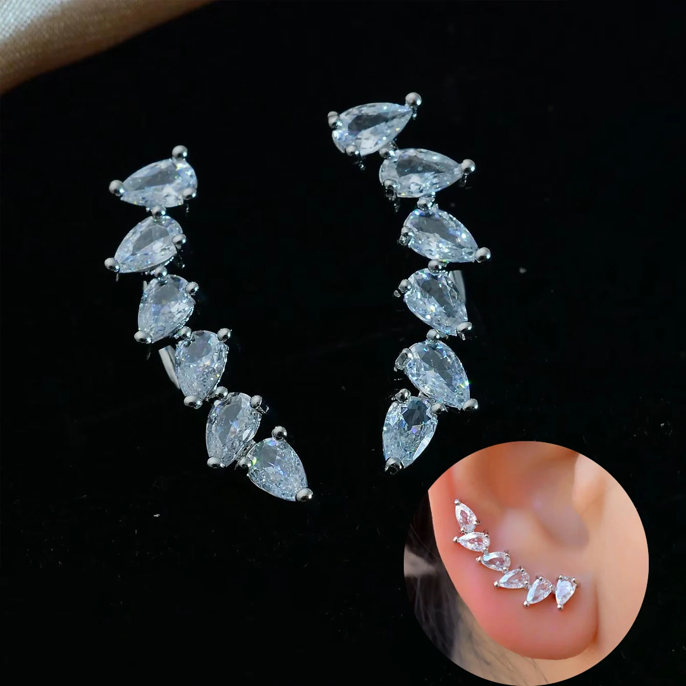 2PC Chic Statement Women Stud Earrings Crystal Climber Ear Crawlers Earrings With Clear Rhinestone Women Wedding Party Jewelry