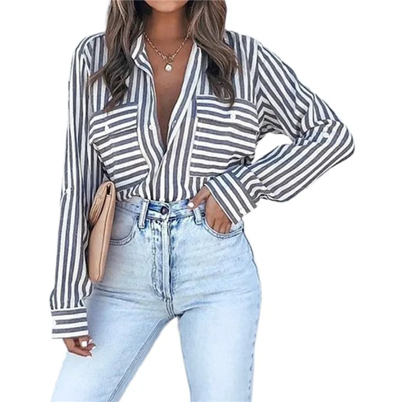 

ASDS-Women's Striped Button Down Shirts Casual Long Sleeve Stylish V Neck Blouses Tops With Pockets