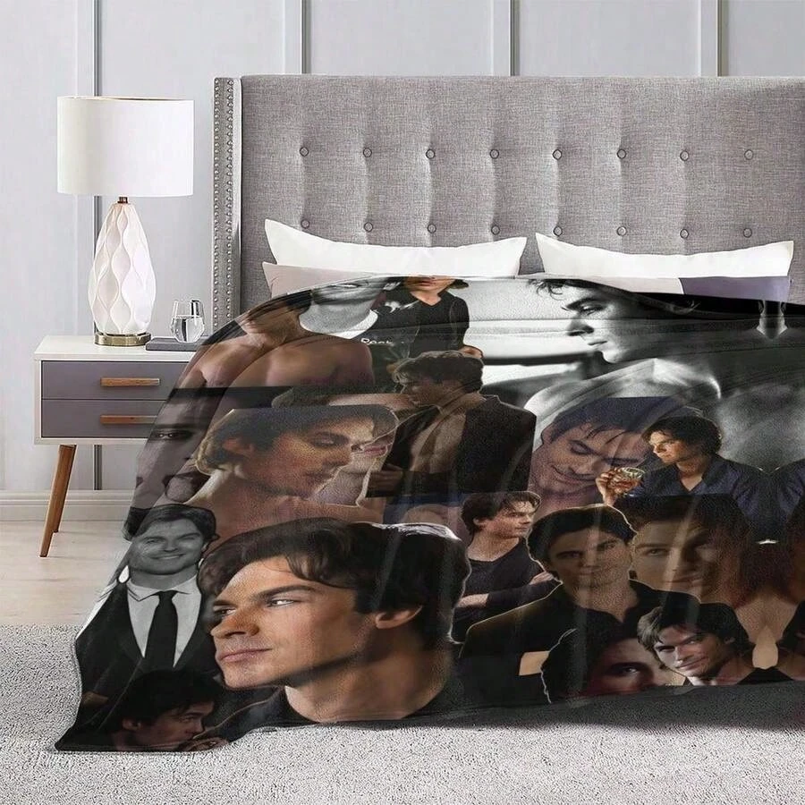 1pc Damon Salvatore Collage Flannel Blanket, Soft Lightweight All‑Season Festival Throw Blanket, Suitable for Bedroom Living Roo
