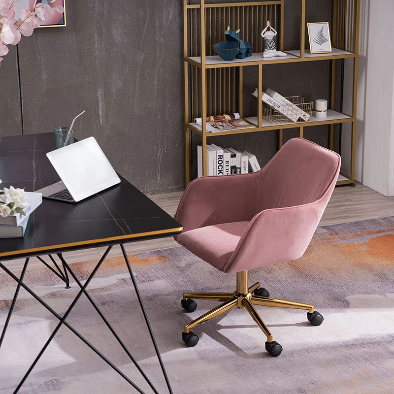 Chaise de bureau moderne avec pieds en métal doré et roues universelles, tissu velours, matériau réglable, recommandé, révolté à 360 degrés