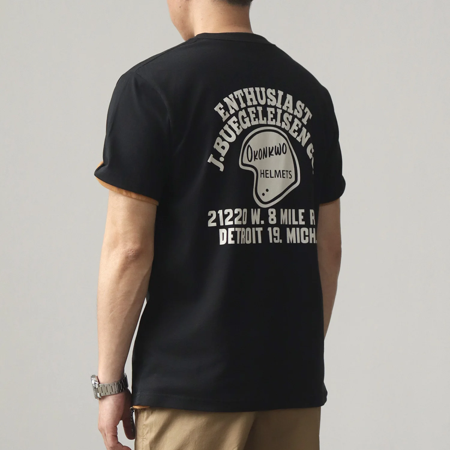Summer men's retro motorcycle helmet printed T-shirt, Amekaki loose casual pure cotton round neck short sleeve
