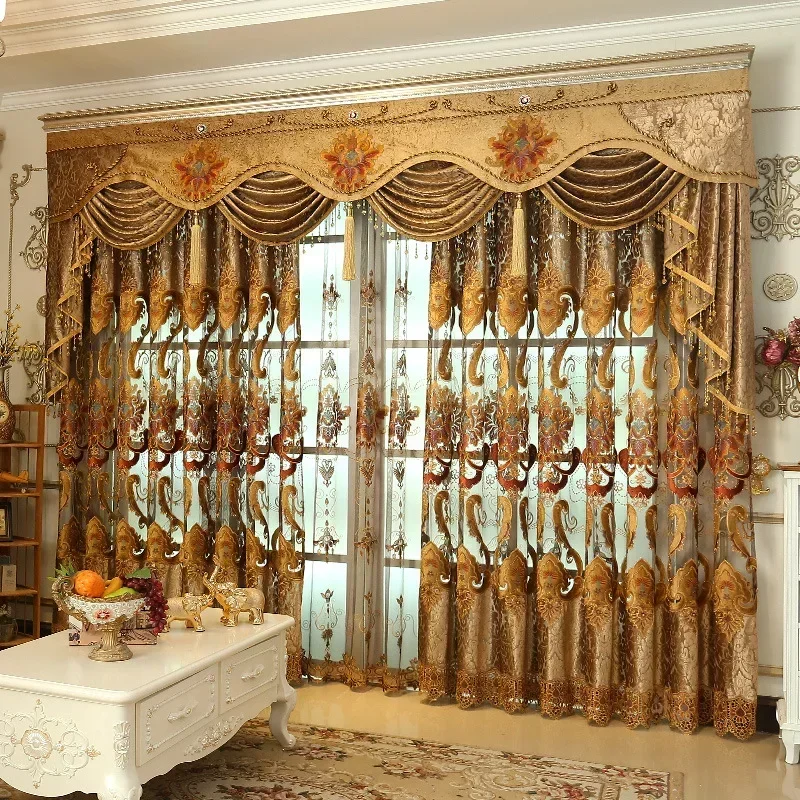 

European-Style Luxury Curtains For Living Room Bedroom Golden Blackout Embroidery Hollowed-Out Valance Tulle Customization