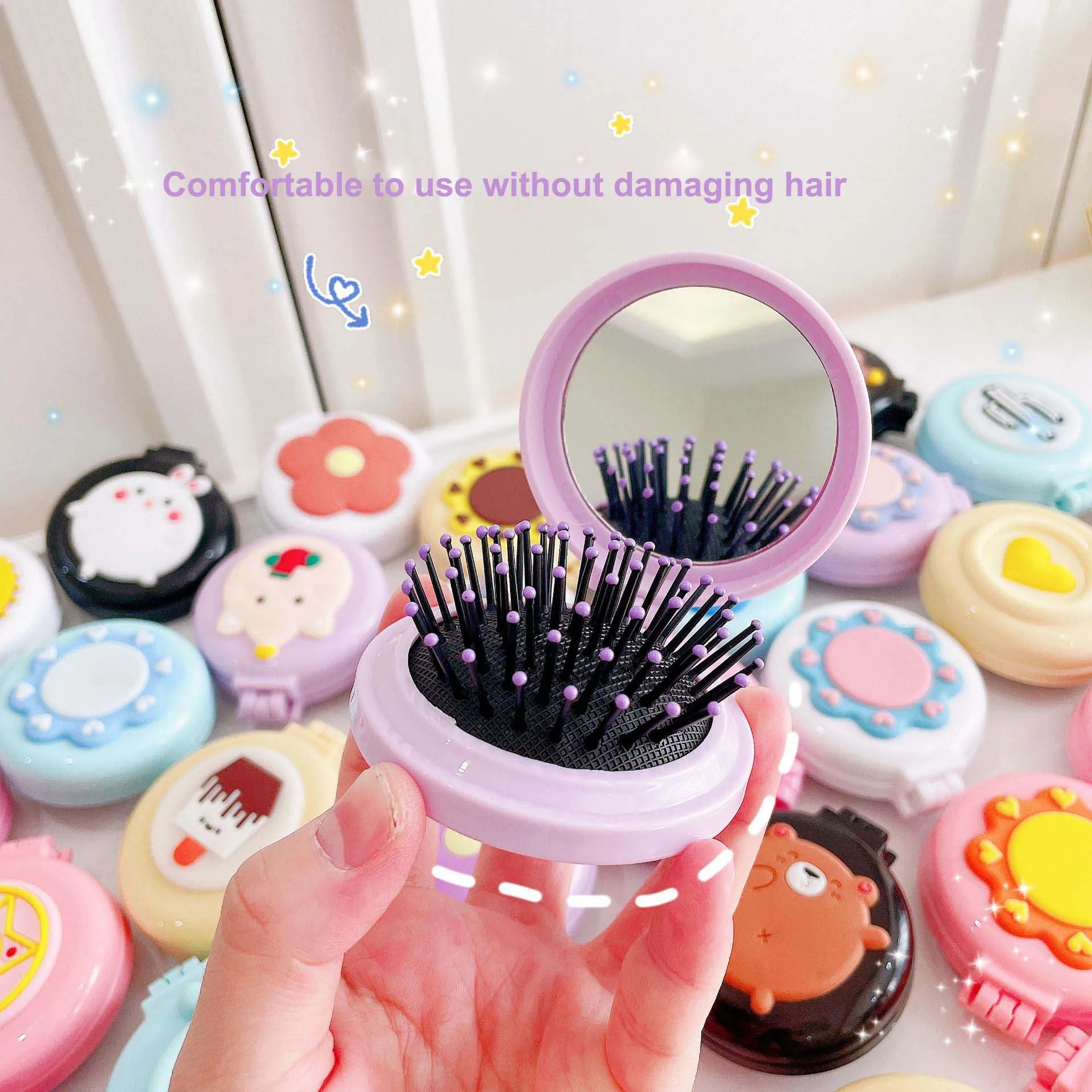 Cute Cartoon Mirror For Girls Portable Mirror Massage Comb Kawaii Kids Air Cushion Folding Hair Brush with Mirror Styling Tools