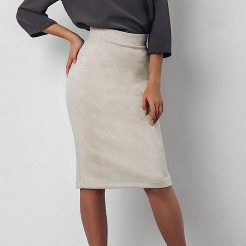 

Solid Color Slit Skirt High Waist Women's Pencil Skirt Stylish Suede Back Slit Knee-length Design