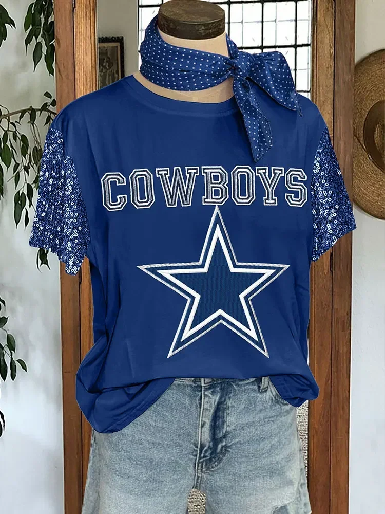 Casual Gameday Stars Embroidered Sequin Sleeve Top