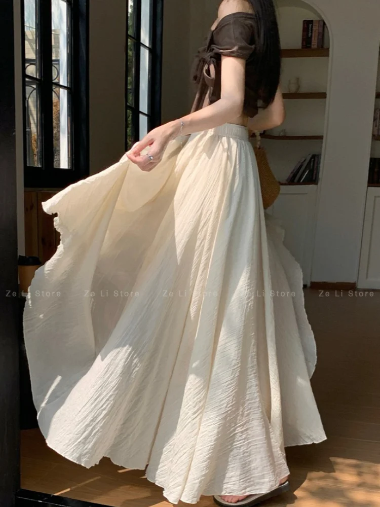 Cotton and Linen Skirt for Women 2026summer Pleated High Waistslimming Look Medium Long Crotch-covering A-line Large Hem Skirt