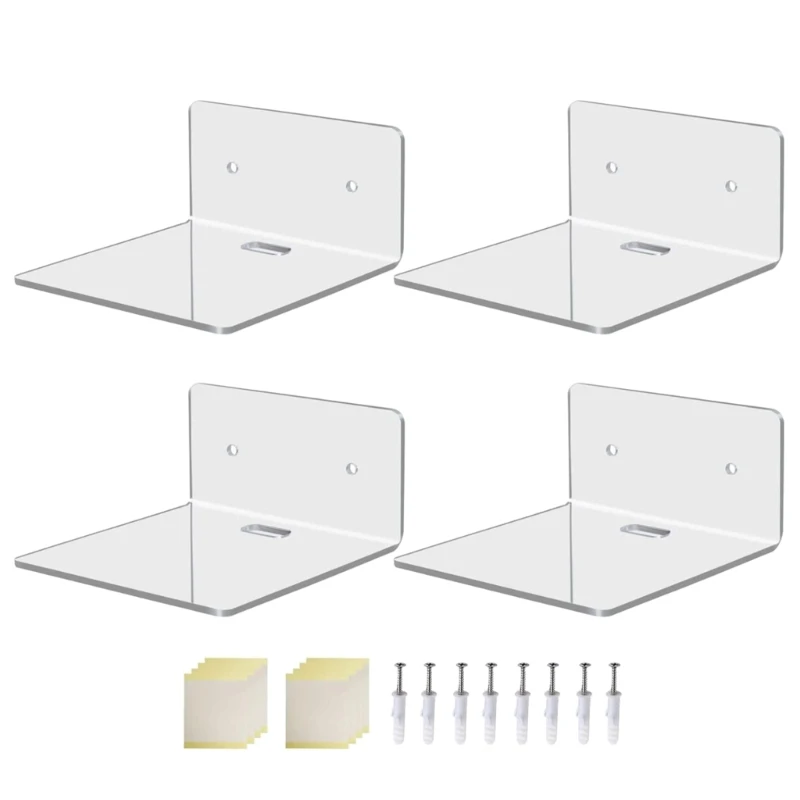 

Clear Acrylic Floating Shelves Adhesive Display Shelf with Cable Clips Floating Stylish Storage Rack for Living Room Dropship