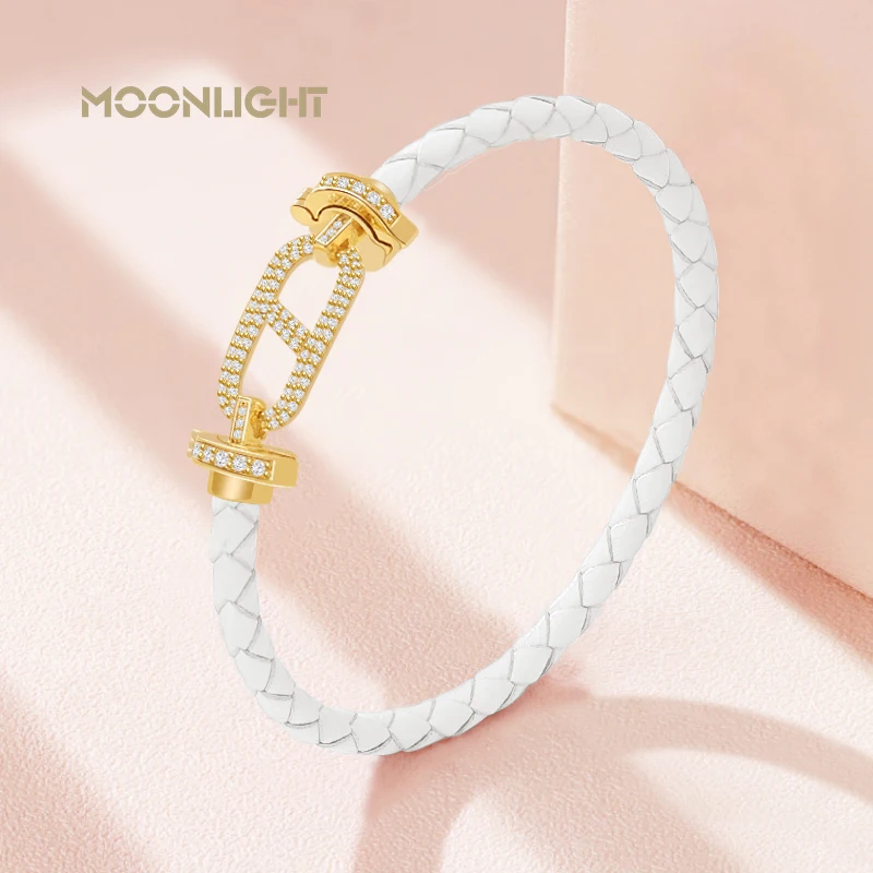 

MOONLIGHT Women's Trendy Geometry Round Genuine Braided Leather Bracelet Cubic Zirconia Bracelet Female Jewelry Gift Accessories