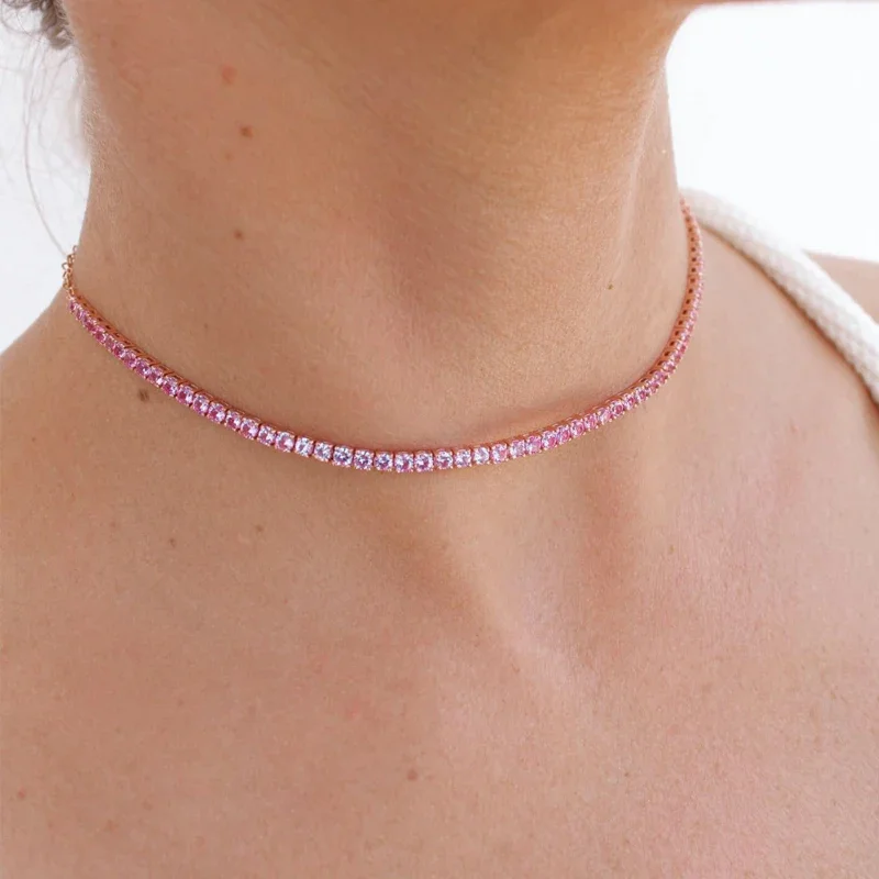18K Gold Plated Pink Green Heart Pendent CZ Tennis 3A Zircon Paved Crystal Chain Choker Necklace For Women Jewelry Gift