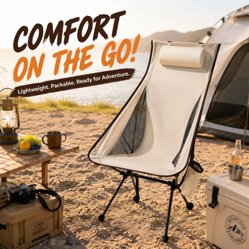 

Outdoor Leisure Folding Chair, lightweight build with cushioned headrest, easy to carry for camping use